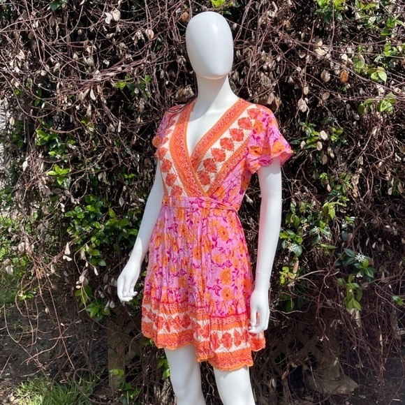Zessica Floral Print Total Wrap Mini Dress Size Medium In Orange & Pink - Picture 8 of 10